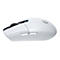 Weiße, kabellose Maus mit schwarzem Scrollrad und seitlichen Tasten. Das Logo ist auf der Oberfläche sichtbar.