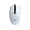 Draufsicht auf eine weiße Maus, mit G-Logo. Schwarzes Mausrad und Knopf. Blaue LED.