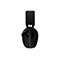 Schwarzes Gaming-Headset auf weißem Hintergrund, Detailansicht. Der Kopfbügel ist mit Stoff bezogen. Blaue Akzente.