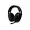 Schwarzes Gaming-Headset auf weißem Hintergrund, seitliche Ansicht.
