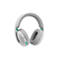 Hellgrauer Kopfhörer mit weissen Akzenten und türkisen Details. Die Ohrmuscheln und der Kopfbügel sind gepolstert.