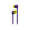 Violette In-Ear-Kopfhörer mit gelben Ohrstöpseln, Logo, auf weißem Hintergrund.