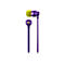 Violette In-Ear-KopfhÃ¶rer mit gelben OhrstÃ¶pseln auf weiÃŸem Hintergrund.