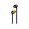 Lilafarbene In-Ear-KopfhÃ¶rer mit gelben OhrstÃ¶pseln. Kabel und GehÃ¤use sind lila.