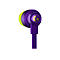 Violette In-Ear-KopfhÃ¶rer mit gelben Akzenten und Logo. Auf der rechten Seite ist ein 'L' fÃ¼r links zu sehen.