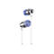 Zwei In-Ear-KopfhÃ¶rer mit silbergrauen MetallgehÃ¤usen, blauen OhrstÃ¶pseln und weiÃŸen Kabeln.