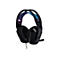 Schwarzes Gaming-Headset mit blau-violettem Kopfband und Mikrofon.