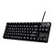 Schwarze mechanische Tastatur, von oben fotografiert, mit beleuchteten Tasten, erkennbar durch das G-Logo.