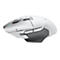 Souris de jeu blanche avec molette et boutons latéraux gris, logo, prise en main gris clair.