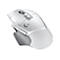 Souris de jeu sans fil blanche avec logo Logitech G, molette et boutons latéraux, isolée sur fond blanc.