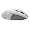 Souris de jeu blanche de Logitech, vue latérale. Accents gris et LED bleue.