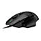 Schwarze Gaming-Maus mit Kabel, mehreren Tasten und Logo.