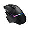 Schwarze Gaming-Maus mit RGB-Beleuchtung. Sie hat ein Rollrad, zwei Tasten und das Logitech-Logo.