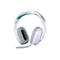 Weißes Gaming-Headset mit grauen Ohrpolstern und Mikrofon. Auf den Ohrmuscheln ist ein farbiger Lichteffekt zu sehen.