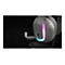 Graues Gaming-Headset mit pink-blauer Beleuchtung, schwarzer Hintergrund.