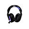 Schwarzes Gaming-Headset mit lilafarbenen Akzenten. Das Headset liegt vor weißem Hintergrund.
