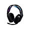 Schwarzes Gaming-Headset mit blau-lila gemustertem Stirnband. Aufschrift G535. Ausgestattet mit Mikrofon.