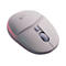 Graue Logitech-Maus, Vorderansicht. Mausrad, zwei Maustasten und Logo sind zu sehen.