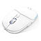 Weiße kabellose Computermaus, Logitech-Logo, Scrollrad, zwei Seitentasten.