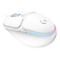 Weisse Gaming-Maus mit Logo. Scrollrad, Tasten und farbige Lichtleiste.