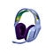 Casque de jeu G733 bleu avec oreillettes violettes, bandeau à motifs jaune-vert et microphone.