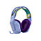 Casque de jeu bleu clair avec des oreillettes violettes, des accents jaunes et un bandeau coloré.