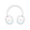 Weißes Headset, das auf einem weißen Hintergrund steht. Die Ohrmuscheln zeigen einen farbigen Rand, und das Logo ist auf beiden Seiten zu sehen.