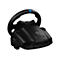 Schwarzes Lenkrad, blaues Band. Text: TrueForce, Logitech. Detailaufnahme.