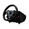 Schwarzes Logitech Lenkrad mit Bedienelementen und rotem Knopf.