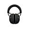 Schwarzer Kopfhörer, Frontansicht, Bügel gepolstert, Ohrmuscheln eckig. Auf weißem Hintergrund.