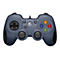 Manette Logitech bleu foncé. Boutons et joysticks noirs. Boutons colorés, logos.