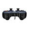 Manette Logitech bleu foncé avec boutons de différentes couleurs, deux joysticks et un câble.