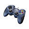 Blauer Gamecontroller mit Knöpfen, Sticks und Logo.
