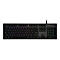 Schwarze Logitech Gaming-Tastatur mit RGB-Beleuchtung und Ziffernblock vor weißem Hintergrund.