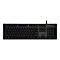 Schwarze Gaming-Tastatur mit mehrfarbiger Beleuchtung. Die Tastatur ist mit einem Kabel versehen.