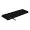 Schwarze Gaming-Tastatur, mit beleuchteten Tasten und Kabel, schräg von oben fotografiert.