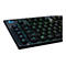 Schwarze Gaming-Tastatur mit beleuchteten Tasten, Detailaufnahme. Tasten mit grüner und blauer Beleuchtung und verschiedenen Funktionen.