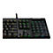 Draufsicht auf eine schwarze mechanische Tastatur mit beleuchteten Tasten. Einige Tasten sind gelb, grün oder blau beleuchtet.