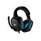 Schwarzes Gaming-Headset mit blauem Akzent. Mikrofon, Markenlogo.
