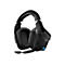 Schwarzes Gaming-Headset, Blick von vorne. Mikrofon, Ohrmuscheln und Kopfbügel sind sichtbar. Auf einer Ohrmuschel steht G935.
