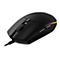 Schwarze Gaming-Maus mit Kabel. Die Maus hat eine graue Scrollrad und RGB-Beleuchtung.