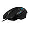 Schwarze Gaming-Maus mit blauen LED-Details. Verschiedene Tasten und ein Scrollrad sind sichtbar. Das Logo ist auf der Oberseite angebracht.