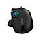 Schwarze Gaming-Maus mit blauem Logo. Detailansicht des ergonomischen Designs. Blaue Leuchtelemente.