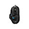Schwarze Logitech Gaming-Maus mit blauem leuchtendem Logo auf weißem Hintergrund.