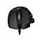 Schwarze Gaming-Maus, Seitenansicht mit Scrollrad, Kabel.