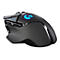 Schwarze Gaming-Maus mit beleuchtetem Logo. Seitentasten und Design-Elemente. Logo 'G' leuchtet blau.