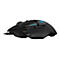 Schwarze Gaming-Maus mit blauen Akzenten und beleuchtetem Logo auf weiÃŸem Hintergrund.