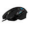 Schwarze Gaming-Maus mit mehreren Tasten, Rollrad und Markenlogo.