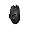 Schwarze Gaming-Maus mit blauem Logo. Auf der Oberseite befinden sich ein Scrollrad und Tasten.