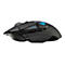 Schwarze Gaming-Maus mit blauem Logo und KnÃ¶pfen. Auf weiÃŸem Hintergrund, Seitenansicht.